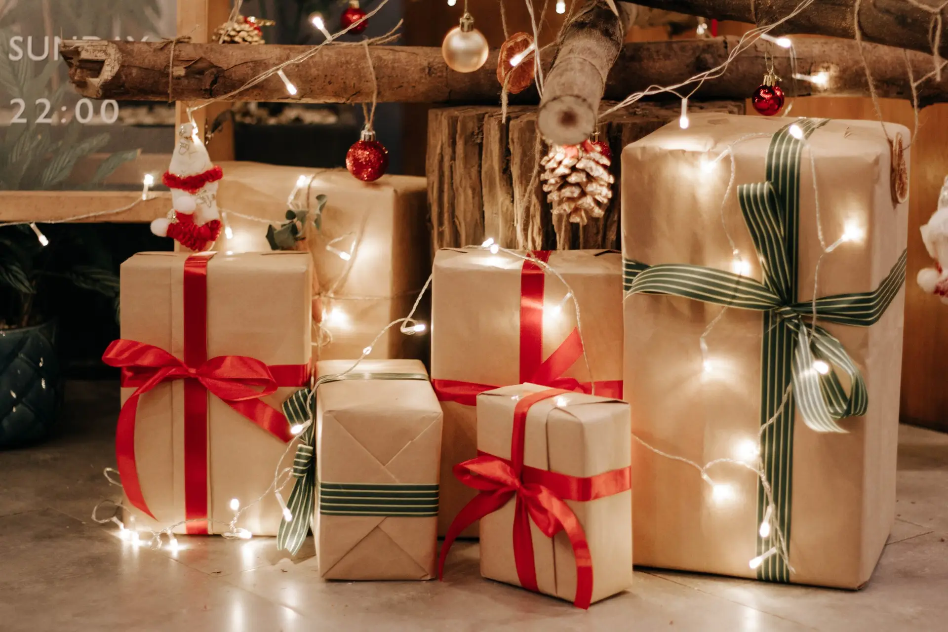 Gifts draped in white Christmas lights