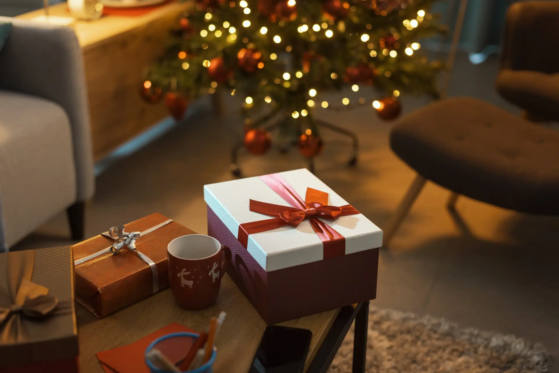 Christmas interior with gifts and decorated tree